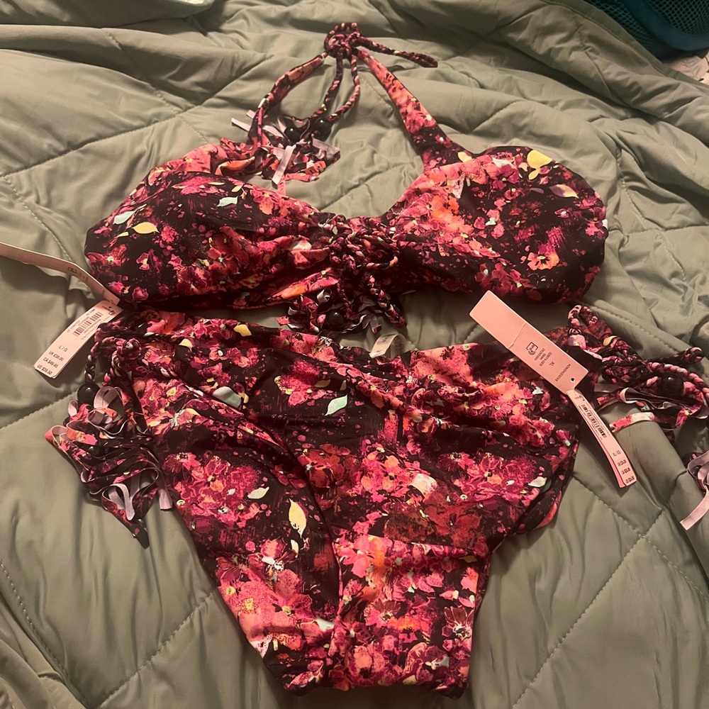 Victoria’s Secret Black and Pink Multicolor Floral Bikini Set